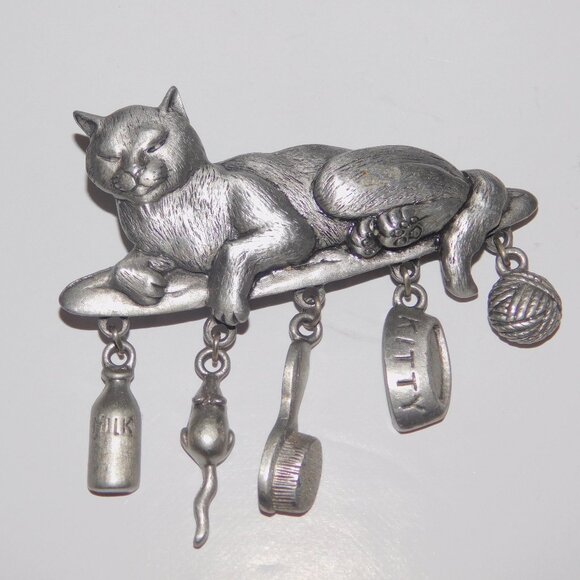 Jonette Jewelry Jewelry - VTG JJ Jonette Jewelry Pewter Cat Brooch Pin Dangling Mouse Milk Yarn Brush bowl